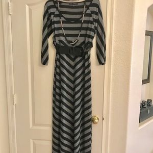 Long grey and black maxi dress with belt